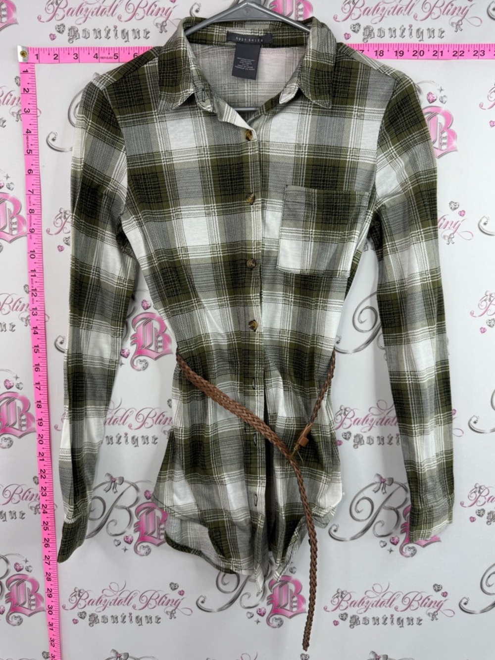 Suzy Shier button up Olive Green and White Plaid Button Shirt with Braided Belt